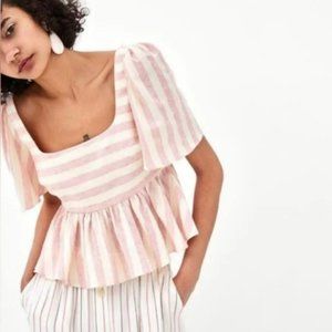 Zara TRF Linen Pink White Striped Square Neck Cropped Peplum Blouse Top M